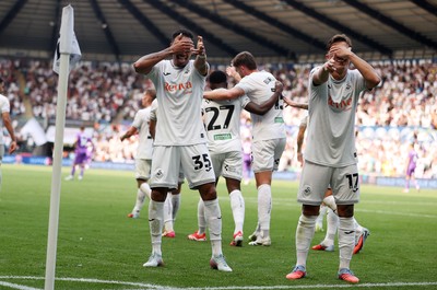 160825 - Swansea City v Sheffield United - SkyBet Championship - Ronald of Swansea City celebrates scoring a goal with Goncalo Franco