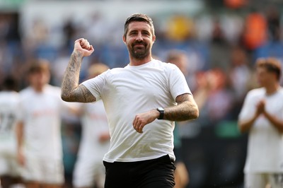 160825 - Swansea City v Sheffield United - SkyBet Championship - Swansea City Manager Alan Sheehan celebrates with fans at full time