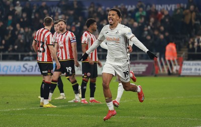 210125  Swansea City v Sheffield United, EFL Sky Bet Championship - Florian Bianchini of Swansea City celebrates after he heads to score the opening goal