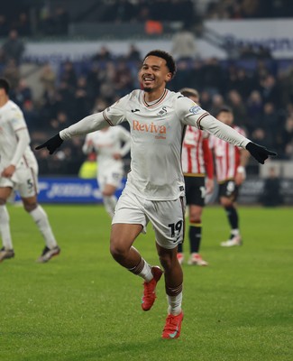 210125  Swansea City v Sheffield United, EFL Sky Bet Championship - Florian Bianchini of Swansea City celebrates after he heads to score the opening goal