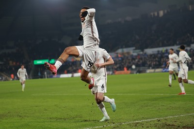 210125  Swansea City v Sheffield United, EFL Sky Bet Championship - Florian Bianchini of Swansea City celebrates after he heads to score the opening goal