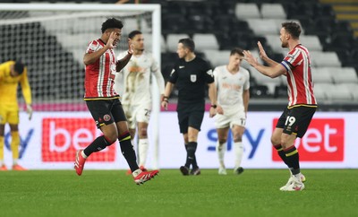 210125  Swansea City v Sheffield United, EFL Sky Bet Championship - Rhian Brewster of Sheffield United celebrates with Jack Robinson of Sheffield United after scoring goal