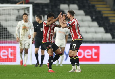 210125  Swansea City v Sheffield United, EFL Sky Bet Championship - Rhian Brewster of Sheffield United celebrates with Jack Robinson of Sheffield United after scoring goal