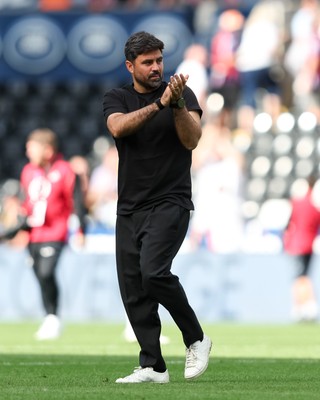 220826 - Swansea City v Sheffield United - Sky Bet Championship - Vítor Matos Manager of Swansea City applauds fans at full time 