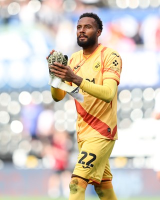 220826 - Swansea City v Sheffield United - Sky Bet Championship - Lawrence Vigouroux of Swansea City applauds fans at full time 