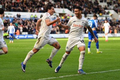 080226 - Swansea City v Sheffield Wednesday - Sky Bet Championship - Goncalo Franco of Swansea City celebrates scoring a goal with team mates