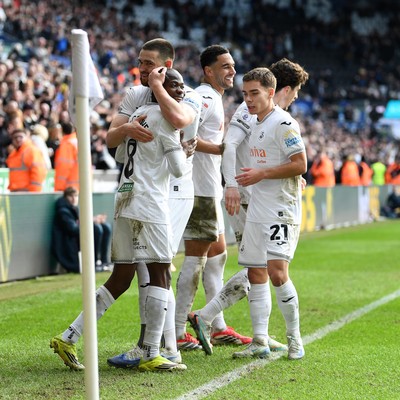080226 - Swansea City v Sheffield Wednesday - Sky Bet Championship - Malick Yalcouye of Swansea City celebrates scoring a goal with team mates