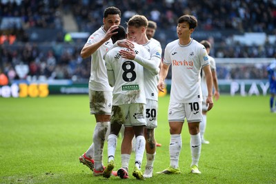 080226 - Swansea City v Sheffield Wednesday - Sky Bet Championship - Malick Yalcouye of Swansea City celebrates scoring a goal with team mates