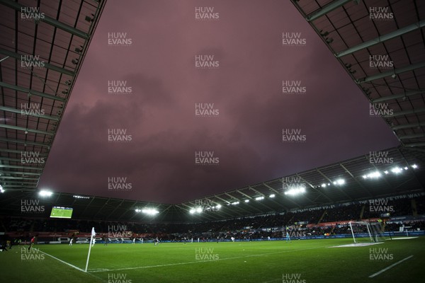151218 - Swansea City v Sheffield Wednesday - SkyBet Championship - General View of the Liberty Stadium with a red sky overhead