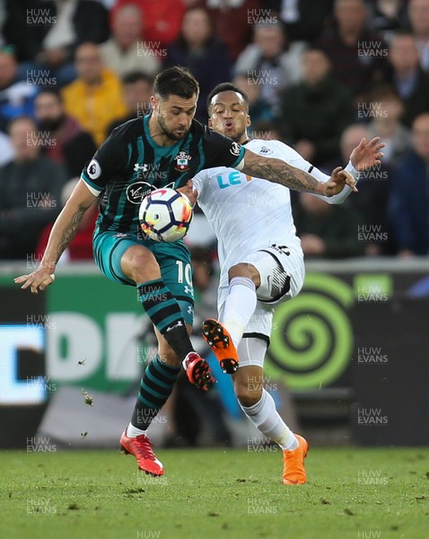 080518 - Swansea City v Southampton, Premier League - Charlie Austin of Southampton and Martin Olsson of Swansea City compete for the ball