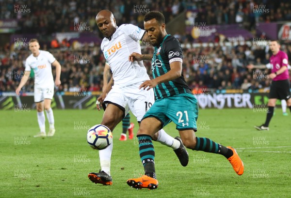 080518 - Swansea City v Southampton, Premier League - Andre Ayew of Swansea City challenges Ryan Bertrand of Southampton for the ball