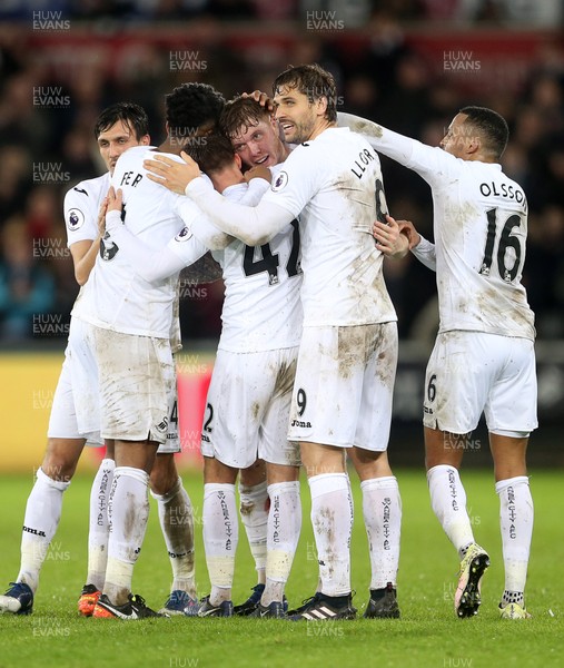 310117 - Swansea City v Southampton - Premier League - Alfie Mawson of Swansea City celebrates scoring a goal with team mates