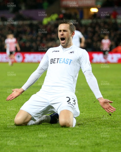 310117 - Swansea City v Southampton - Premier League - Gylfi Sigurdsson of Swansea City celebrates scoring a goal