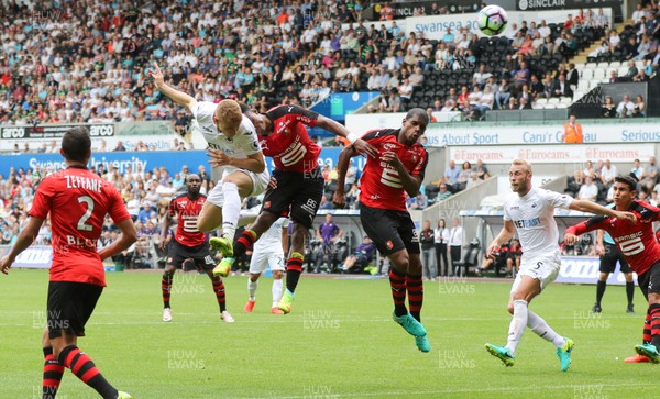 060816 -  Swansea City v Stade Rennais, Pre-season Friendly - Jay Fulton of Swansea City heads to score goal