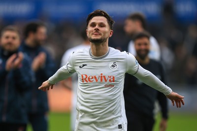 070326 - Swansea City v Stoke City - Sky Bet Championship - Liam Cullen of Swansea City celebrates at full time