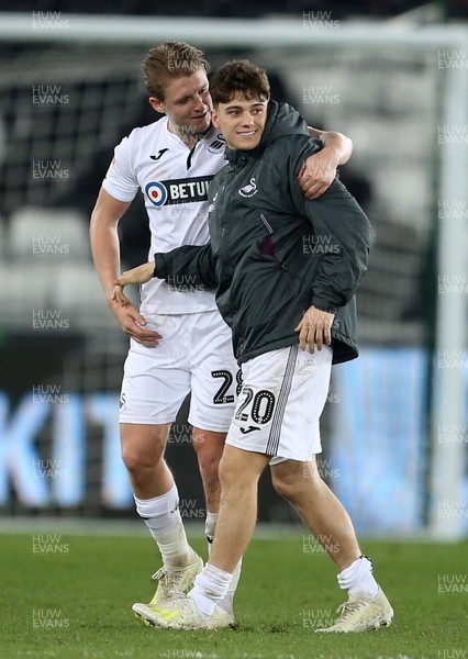 090419 - Swansea City v Stoke City - SkyBet Championship - Daniel James celebrates with George Byers of Swansea City at full time