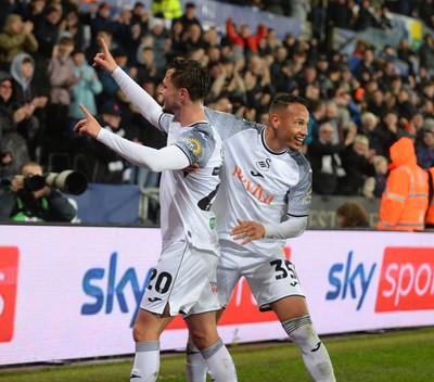 100424 - Swansea City v Stoke City - Sky Bet Championship - Liam Cullen of Swansea City celebrates scoring a goal with Ronald