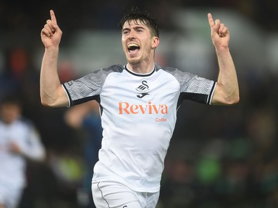 100424 - Swansea City v Stoke City - Sky Bet Championship - Josh Key of Swansea City celebrates scoring Swansea’s third goal of the game