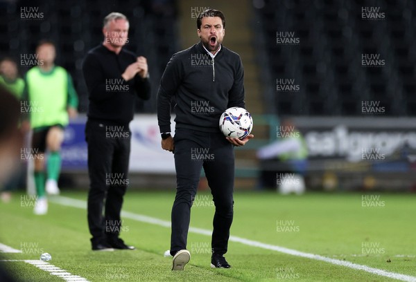 170821 - Swansea City v Stoke City - SkyBet Championship - An angry Swansea City Manager Russell Martin with the ball