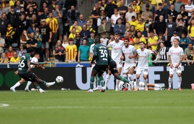 230825 - Swansea City v Watford FC - SkyBet Championship - Nestory Irankunda of Watford scores a goal from a free kick