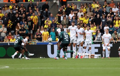 230825 - Swansea City v Watford FC - SkyBet Championship - Nestory Irankunda of Watford scores a goal from a free kick