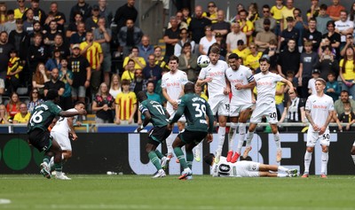 230825 - Swansea City v Watford FC - SkyBet Championship - Nestory Irankunda of Watford scores a goal from a free kick
