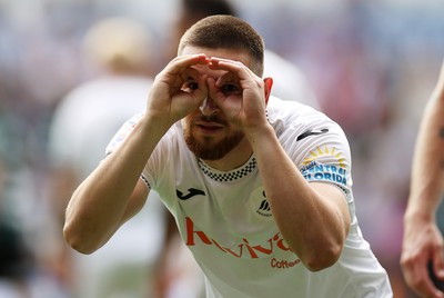 230825 - Swansea City v Watford FC - SkyBet Championship - Zan Vipotnik of Swansea City celebrates scoring a goal 