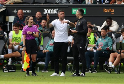 230825 - Swansea City v Watford FC - SkyBet Championship - Swansea City Manager Alan Sheehan shows his emotions on the touchline