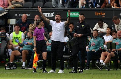 230825 - Swansea City v Watford FC - SkyBet Championship - Swansea City Manager Alan Sheehan shows his emotions on the touchline