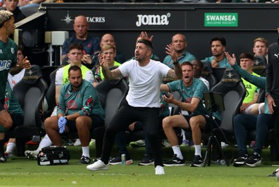 230825 - Swansea City v Watford FC - SkyBet Championship - Swansea City Manager Alan Sheehan shows his emotions on the touchline