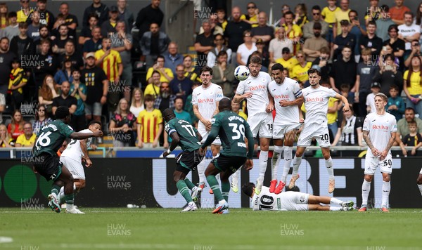 230825 - Swansea City v Watford FC - SkyBet Championship - Nestory Irankunda of Watford scores a goal from a free kick