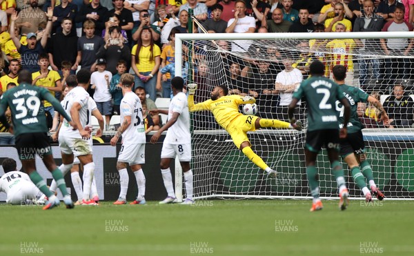 230825 - Swansea City v Watford FC - SkyBet Championship - Nestory Irankunda of Watford scores a goal from a free kick