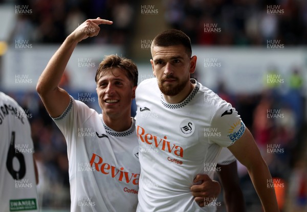 230825 - Swansea City v Watford FC - SkyBet Championship - Zan Vipotnik of Swansea City celebrates scoring a goal with team mate Goncalo Franco