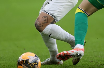 110126 - Swansea City v West Bromwich Albion - FA Cup Third Round - Tattoo of a football pitch on the leg of Goncalo Franco of Swansea City 