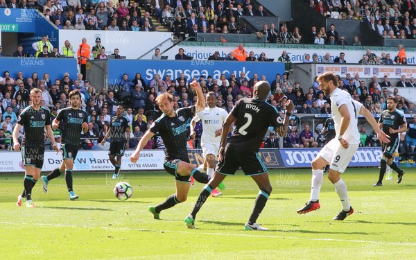 210517 - Swansea City v West Bromwich Albion, Premier League - Fernando Llorente of Swansea City shoots to score City's second goal