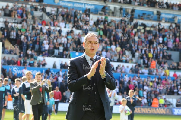 210517 - Swansea City v West Bromwich Albion, Premier League - Swansea City head coach Paul Clement  joins the rest of squad and their families as they parade around the Liberty Stadium at the end of the match to thank fans for their support