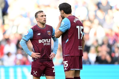171026 - Swansea City v West Ham United - Sky Bet Championship - Jarrod Bowen of West Ham and Konstantinos Mavropanos