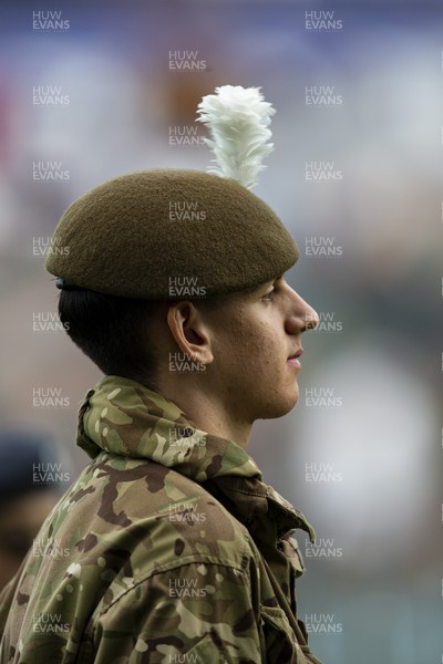 051122 - Swansea City v Wigan Athletic - Sky Bet Championship - A member of the armed forces on the pitch ahead of kick off