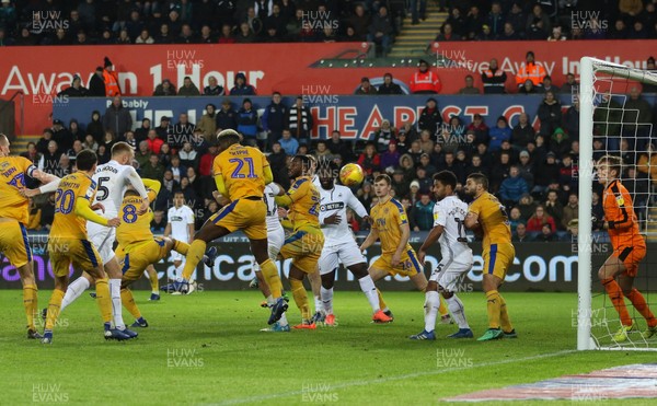 291218 - Swansea City v Wigan Athletic, SkyBet Championship - Mike van der Hoorn of Swansea City scores Swansea's second goal