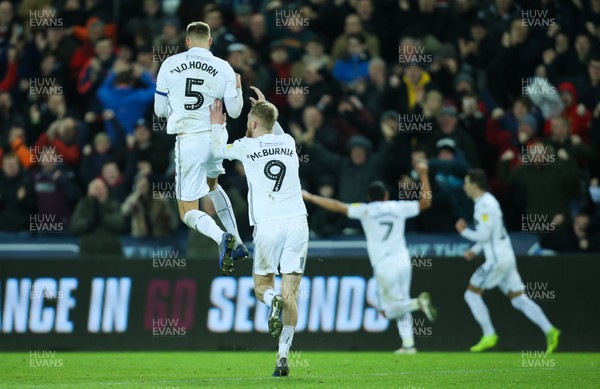 291218 - Swansea City v Wigan Athletic, SkyBet Championship - Mike van der Hoorn of Swansea City celebrates the second goal with Oli McBurnie of Swansea City