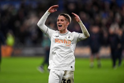 191225 - Swansea City v Wrexham - Sky Bet Championship - Ethan Galbraith of Swansea City celebrates the win at full time