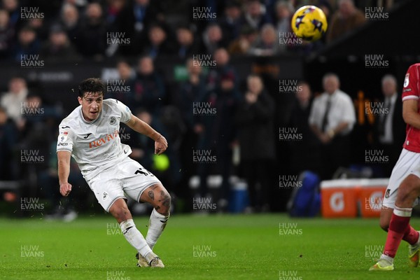 191225 - Swansea City v Wrexham - Sky Bet Championship - Goncalo Franco of Swansea City has a shot from distance