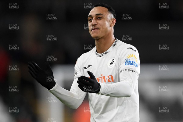 191225 - Swansea City v Wrexham - Sky Bet Championship - Adam Idah of Swansea City celebrates the win at full time