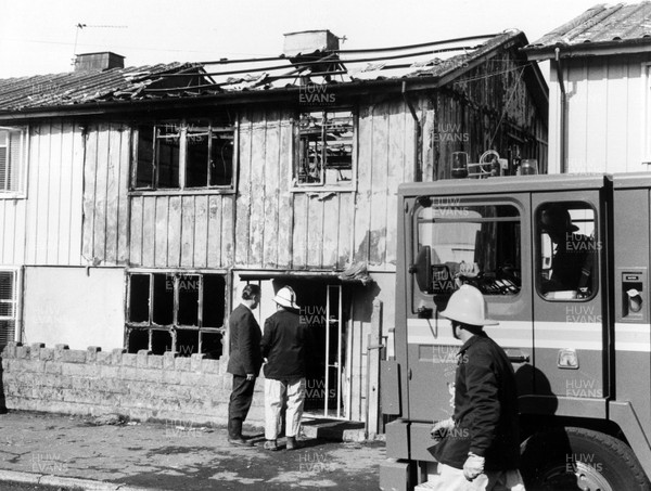 080884 - Picture shows the scene of a fire in Swansea in which three children of a striking miner died