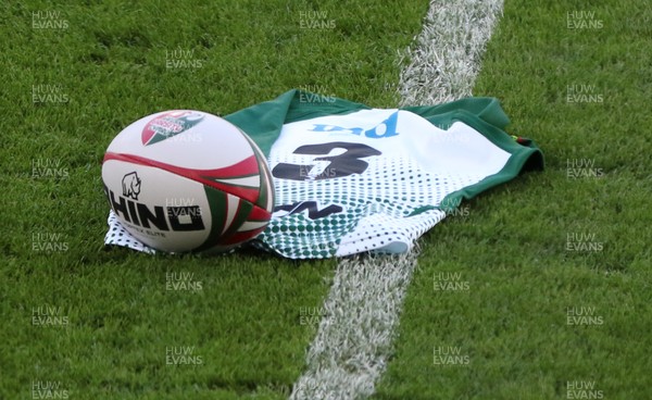 250418 - Swansea University v Cardiff University, Welsh Varsity rugby match - A Swansea University shirt is placed on the pitch in memory of Doncaster prop forward, and former Swansea player, Ian Williams who died during training with his club in February