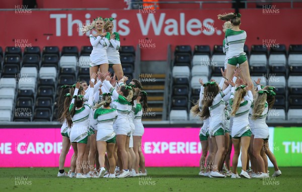 250418 - Swansea University v Cardiff University, Welsh Varsity rugby match - Cheerleaders from Swansea University go through their routine at half time
