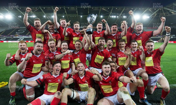 250418 - Swansea University v Cardiff University, Welsh Varsity rugby match - Cardiff University celebrate after winning the Welsh Varsity Match