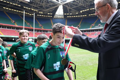 210324 - Swansea Valley v Mynydd Mawr - Welsh Schools Junior Group U11 DC Thomas Bowl Final - Players receive medals   