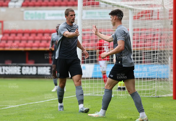 230722 - Swindon Town v Cardiff City, Pre-season Friendly - Max Watters of Cardiff City celebrates with Callum O'Dowda of Cardiff City after scoring the opening goal