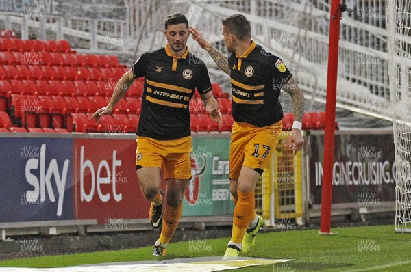 081218 - Swindon Town v Newport County, Sky Bet League 2 - Padraig Amond of Newport County (left) celebrates scoring his side's first goal with Scot Bennett